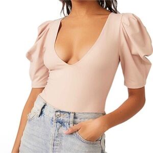 NWT Free People Va Va Voop Knit Deep V -Neck Ruched, Puffed Sleeve Bodysuit